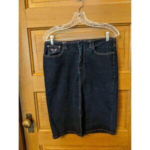 Angels Stretch Jean Denim Skirt Dark Blue Size 11 Juniors Pink Stitching